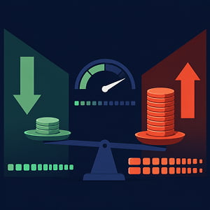 Illustration of a balance scale comparing low token costs and high token costs, with an efficiency gauge and token blocks showing faster, cheaper AI model performance.