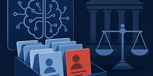 Illustration of an AI system reviewing employee records, with one worker highlighted for layoff beside courthouse scales.