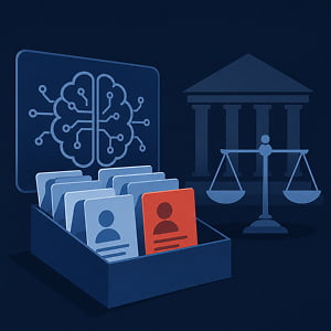 Illustration of an AI system reviewing employee records, with one worker highlighted for layoff beside courthouse scales.
