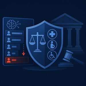Illustration of an AI-ranked employee list beside a shield representing legal protections, with courthouse and gavel in the background.