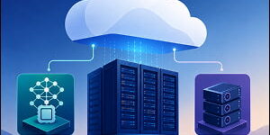 Illustration of a large cloud above data center servers, connected to AI model and GPU compute icons, representing AI cloud infrastructure.