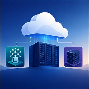 Illustration of a large cloud above data center servers, connected to AI model and GPU compute icons, representing AI cloud infrastructure.