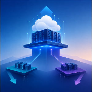 Illustration of a dominant cloud data center platform rising above two smaller server platforms with downward arrows, symbolizing competitive pressure on neocloud providers.