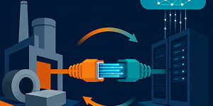 Illustration of a glowing fiber-optic connector linking an industrial factory to cloud-connected data center servers, with arrows showing two-way collaboration.