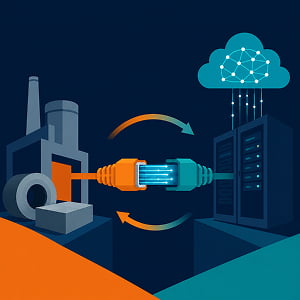 Illustration of a glowing fiber-optic connector linking an industrial factory to cloud-connected data center servers, with arrows showing two-way collaboration.