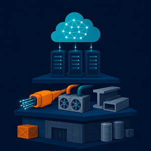 Illustration of cloud AI and server racks supported by fiber-optic cables, cooling equipment, steel beams, and a data center building.