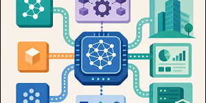 Illustration of a central AI chip connected to enterprise systems, workflows, analytics, security, and data modules.
