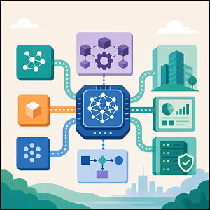 Illustration of a central AI chip connected to enterprise systems, workflows, analytics, security, and data modules.