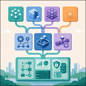 Illustration of multiple AI model sources flowing into deployment units that connect to enterprise workflows, analytics, servers, and security controls.