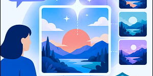 Illustration of a person using an AI image-generation interface, with a central generated landscape, image variation panels, social icons, and a privacy shield symbol.