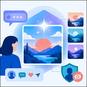 Illustration of a person using an AI image-generation interface, with a central generated landscape, image variation panels, social icons, and a privacy shield symbol.