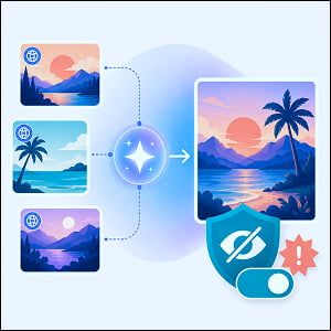 Illustration of public image tiles flowing into an AI generation hub, producing a new image, with a privacy shield, warning symbol, and enabled toggle.