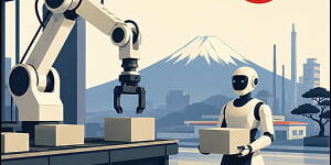 Illustration of an industrial robot and humanoid AI assistant working in a Japanese factory, with Mount Fuji and a red sun behind them.