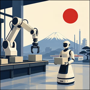 Illustration of an industrial robot and humanoid AI assistant working in a Japanese factory, with Mount Fuji and a red sun behind them.