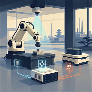 Illustration of an industrial robot, overhead vision sensor, edge computer, and autonomous cart connected in a Japanese smart factory.