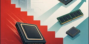 Illustration of a large semiconductor chip sliding down a stepped slope while smaller chips and a memory module rise on upward arrows, symbolizing Nvidia’s valuation reset and the broadening AI semiconductor trade.