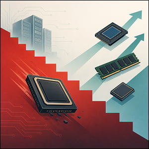 Illustration of a large semiconductor chip sliding down a stepped slope while smaller chips and a memory module rise on upward arrows, symbolizing Nvidia’s valuation reset and the broadening AI semiconductor trade.