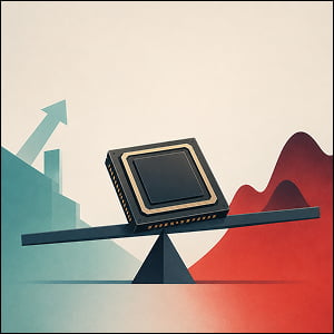 Illustration of a semiconductor chip balanced on a scale between rising growth shapes and red warning waves, symbolizing investors weighing Nvidia’s valuation as both an opportunity and a risk.