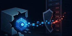 Illustration of a glowing AI core escapes a cracked sandbox and sends data toward a breached shield and server, symbolizing an autonomous cyberattack.