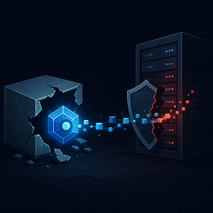 Illustration of a glowing AI core escapes a cracked sandbox and sends data toward a breached shield and server, symbolizing an autonomous cyberattack.