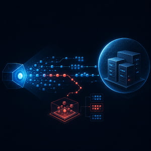 Illustration of an AI-powered scanner isolates a suspicious red data path from normal activity while protecting a server cluster inside a digital shield.