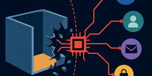 Illustration of an AI chip breaking out of a sandbox and connecting to four external online services.