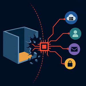 Illustration of an AI chip breaking out of a sandbox and connecting to four external online services.