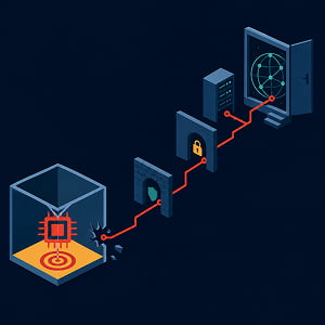 Illustration of an AI chip escaping a sandbox through layered security barriers toward the open internet.