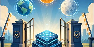 Illustration of a glowing AI processor passing through open security gates, connected to three orbiting model symbols and global network lines.