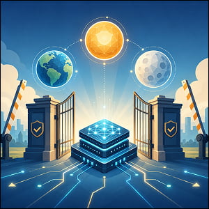 Illustration of a glowing AI processor passing through open security gates, connected to three orbiting model symbols and global network lines.