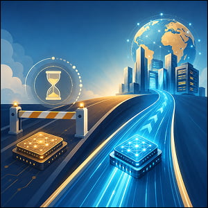 Illustration of two AI chips on competing paths, with one delayed behind a barrier and hourglass while another speeds toward a connected global business hub.