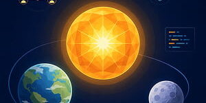 Illustration of a glowing orange sun-like AI core with Earth- and moon-like companion spheres, orbit lines, and small icons for agents, coding, science, and cybersecurity on a dark navy background.