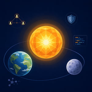 Illustration of a glowing orange sun-like AI core with Earth- and moon-like companion spheres, orbit lines, and small icons for agents, coding, science, and cybersecurity on a dark navy background.