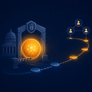 Illustration of a glowing AI core behind a secure checkpoint, with a government building silhouette, lock shield, staged rollout path, and connected partner nodes on a dark navy background.