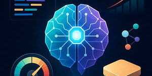 Illustration of a stylized glowing AI brain surrounded by a coding panel, performance gauge, rising chart, network nodes, and stacked computing blocks on a dark background.