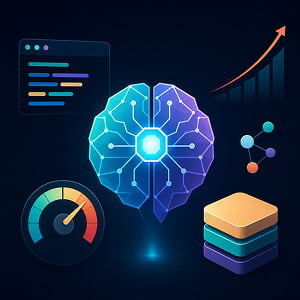 Illustration of a stylized glowing AI brain surrounded by a coding panel, performance gauge, rising chart, network nodes, and stacked computing blocks on a dark background.