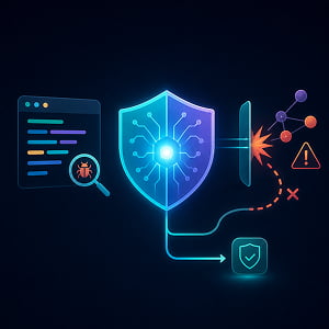 Illustration of a glowing circuit shield blocks a cyber threat while a vulnerability scan redirects activity to a safe fallback.