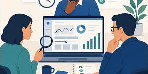 Illustration of three professionals evaluate an AI tool pilot using a laptop dashboard, checklist, timeline, and branching buy, extend, or walk-away decision paths.