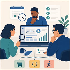 Illustration of three professionals evaluate an AI tool pilot using a laptop dashboard, checklist, timeline, and branching buy, extend, or walk-away decision paths.