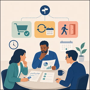 Illustration of three professionals review pilot results at a decision meeting, with branching options to buy, extend the trial, or walk away.