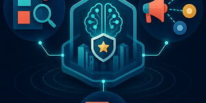 Illustration of an AI-powered employer branding hub connected to recruitment, employee advocacy, and internal communication icons on a dark background.