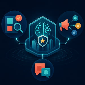 Illustration of an AI-powered employer branding hub connected to recruitment, employee advocacy, and internal communication icons on a dark background.