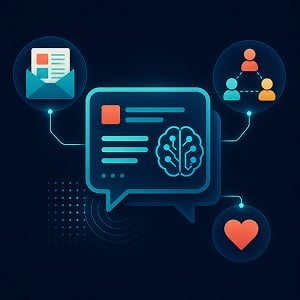 Illustration of an AI-powered internal communications shown as a central message panel connected to email, audience segmentation, and human-touch symbols on a dark background.