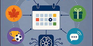 Illustration of an AI-powered calendar connected to seasonal, sports, holiday, social trend, and safety icons, representing timely marketing campaigns with cultural guardrails.