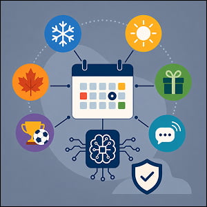 Illustration of an AI-powered calendar connected to seasonal, sports, holiday, social trend, and safety icons, representing timely marketing campaigns with cultural guardrails.