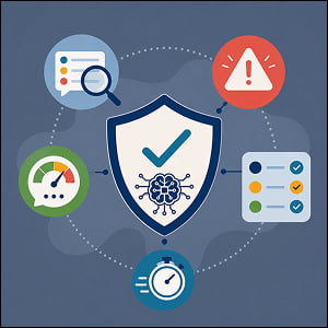 Illustration of an AI review shield surrounded by sensitivity screening, warning, checklist, sentiment, and speed icons, representing cultural guardrails for fast marketing campaigns.