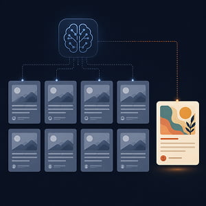 Illustration of an AI brain distributing identical content cards, with one colorful card standing apart to represent distinctive human input.