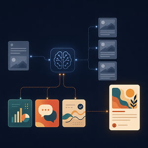 Illustration showing an AI brain turning a generic input into several similar content cards, while richer inputs like data, opinions, and brand voice produce one distinct, colorful output.