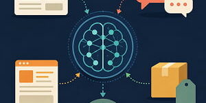 Illustration of webpages, online conversations, and product content feeding into an AI system that shapes brand reputation and perception.