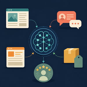 Illustration of webpages, online conversations, and product content feeding into an AI system that shapes brand reputation and perception.